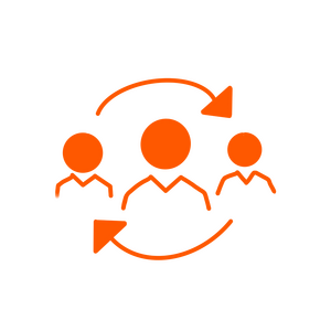 Coaching & Consulting Image Drawing of 3 stick figures with two arrows implying a circular discussing around them.