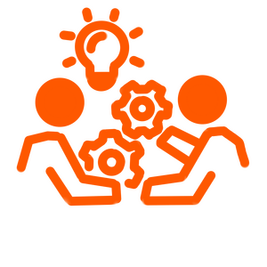 Drawing of stick figures talking, exchanging gears with a lightbulb above on of their heads.